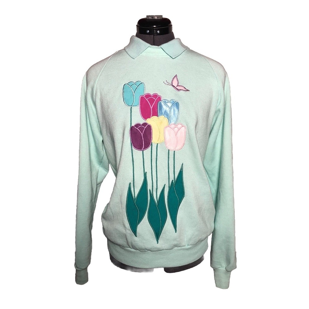Vtg 90s Granny Sweatshirt Just Ducky Pastel Tulip Butterfly Cottagecore Floral M